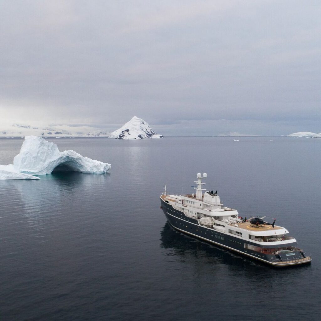 Superyacht in Antarctica drone shot