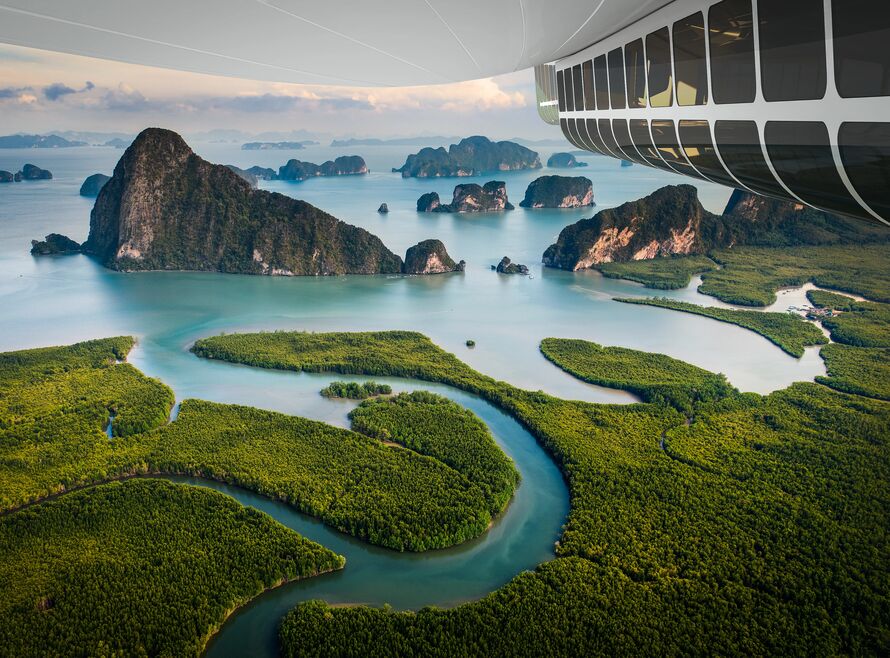 Render of Airlander 10 airship over a river mouth