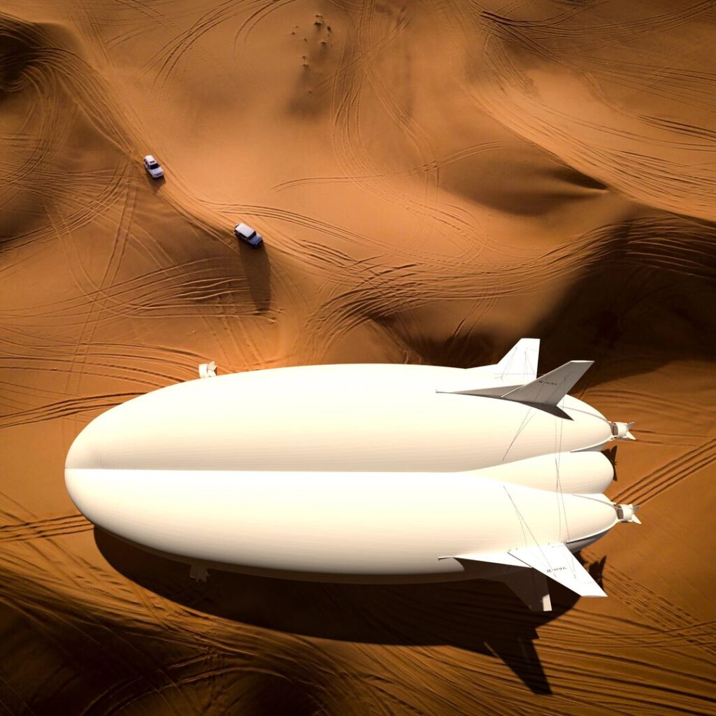 Render of Airlander 10 from above, landed in a desert