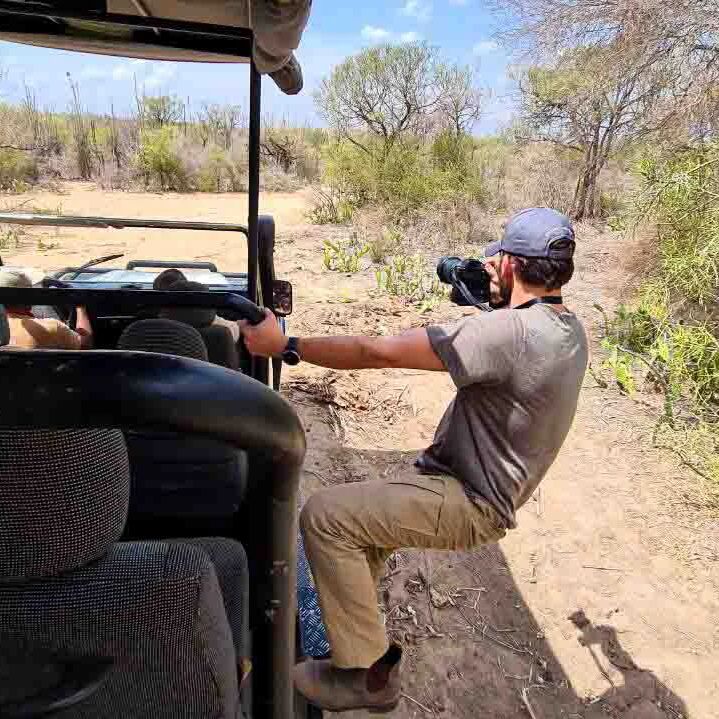 Photographer hanging out of a safari vehicle shooting scenery.