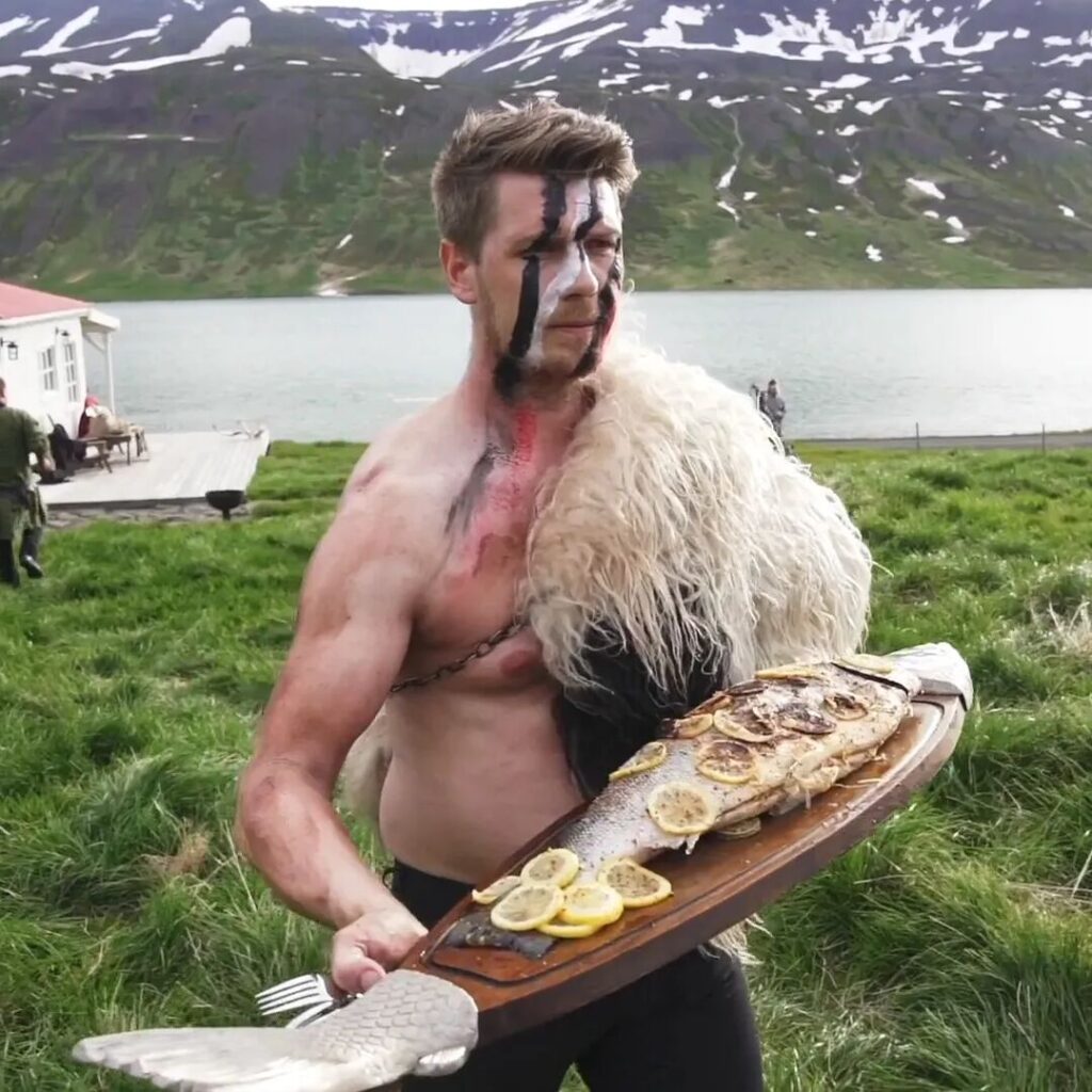 Icelandic viking holding Salmon