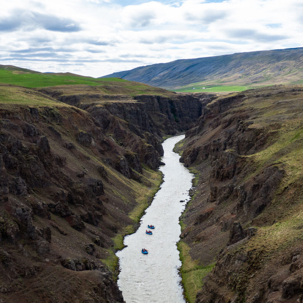 Drone shot of rafts in Iceland