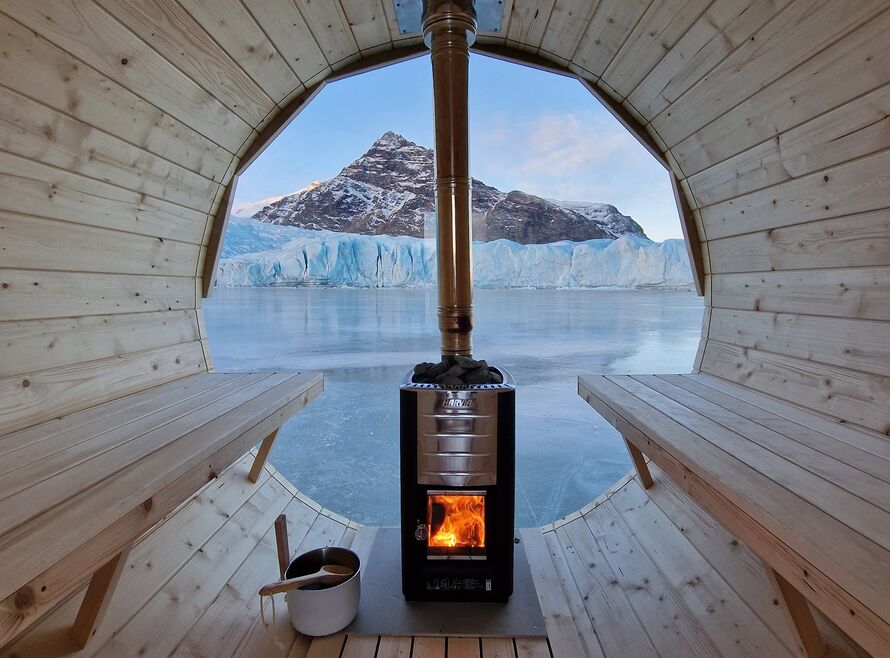 Sauna floating on frozen lake in Iceland