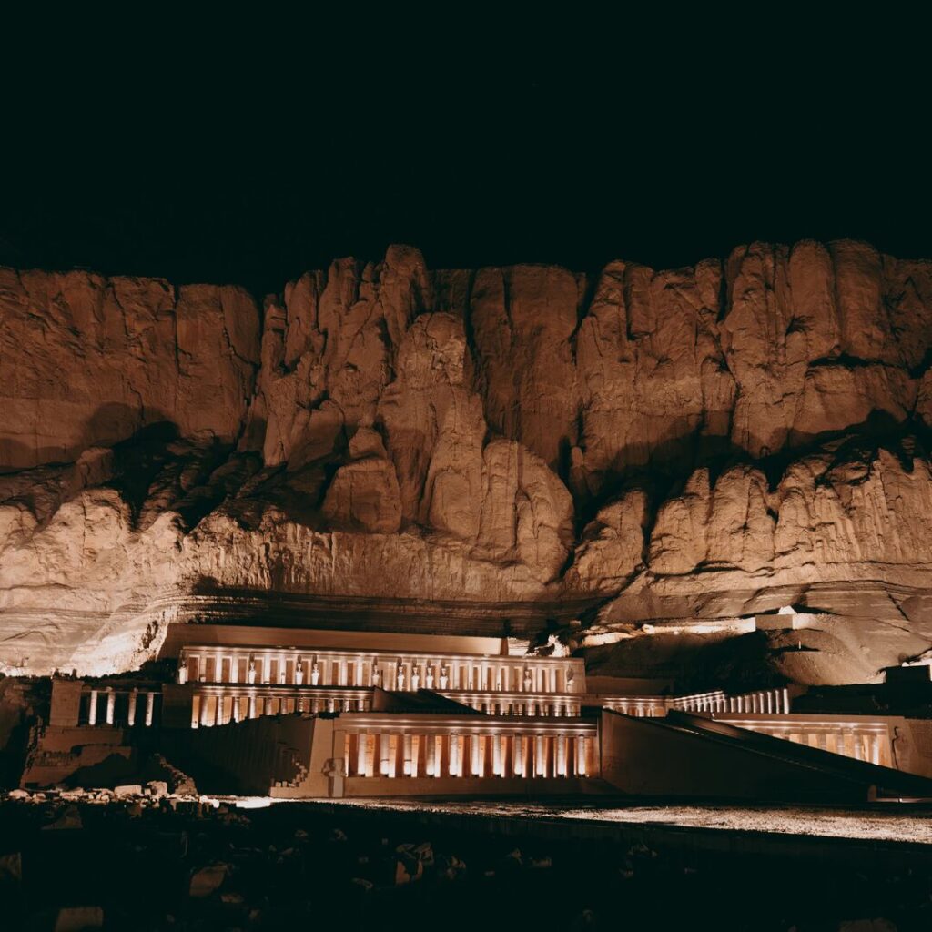 Mortuary Temple of Hatshepsut Egypt lit up at night