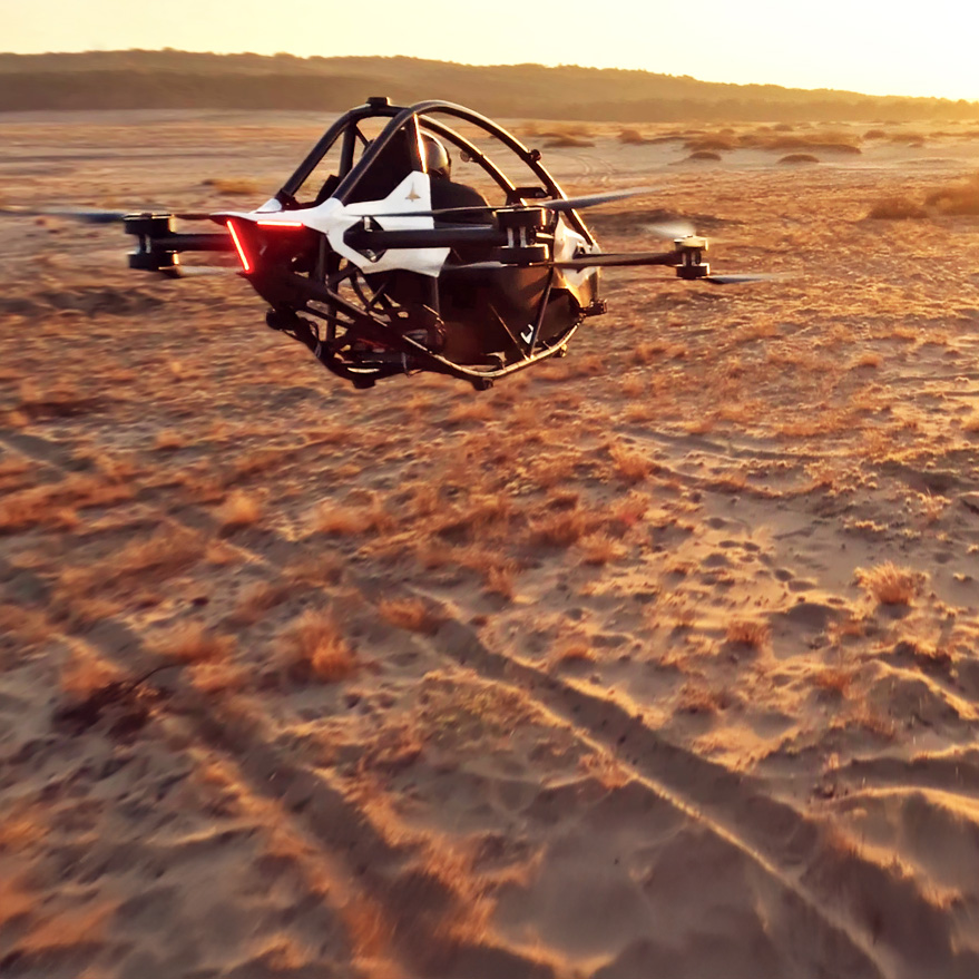 A Jetson ONE EVTOL flying in the Utah desert