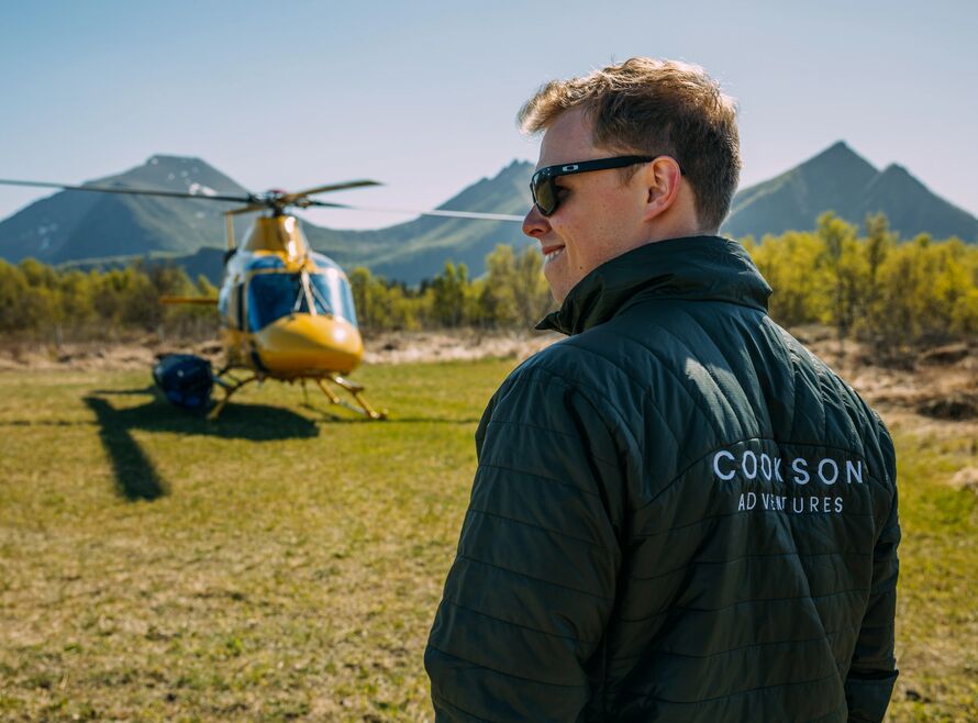 Cookson Adventures team member Dyson with helicopter