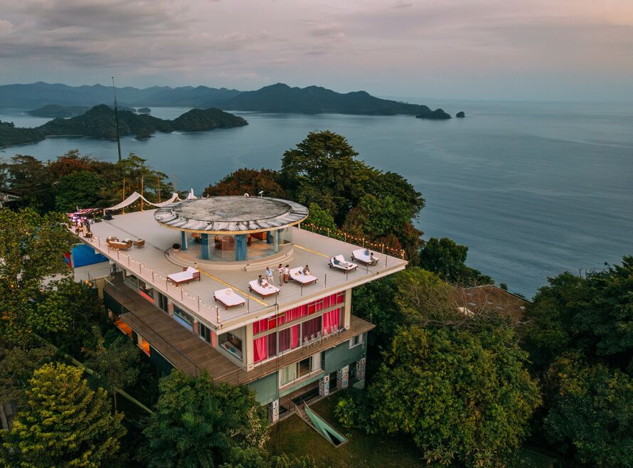 Drone shot of private island rooftop
