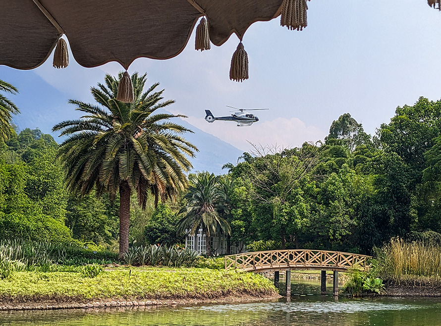 Helicopter flying over villa