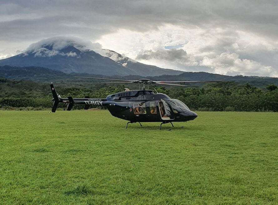 Heli in front of a volcano in Costa Rica
