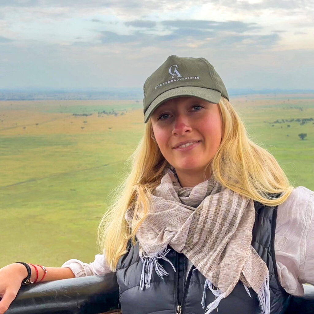Tess in a hot air balloon in Tanzania