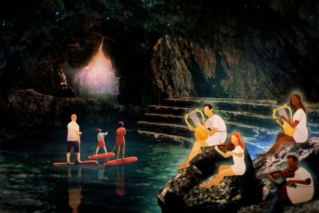 Illustration of a family of three SUPing in a cave with people on the rocks playing instruments